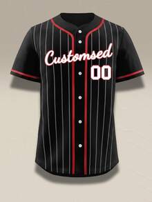 Custom Men Black Pink Baseball Jersey Personalized Name Number Pinstripe Button Up Sporty Gameday Shirt Loose Activewear Tops - Black - View 3