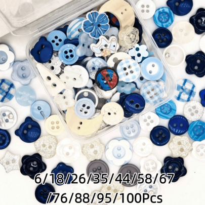 6/18/26/35/44/58/67/76/88/95/100Cúc nhựa resin màu xanh đóng hộp, nhiều loại, phụ kiện may vá DIY, cúc tròn hoa thỏ, cúc trang trí áo len áo sơ mi quần áo, phụ kiện scrapbook collage patchwork, làm trang sức DIY sáng tạo, kiểu ngẫu nhiên