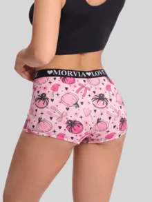 Dircho 1pc Women Pink Pumpkin Spider Bow All Over Print Boyshort Panties, Letter Elastic Waistband, Soft Skin-Friendly Non-Roll Underwear - Multicolor - View 1