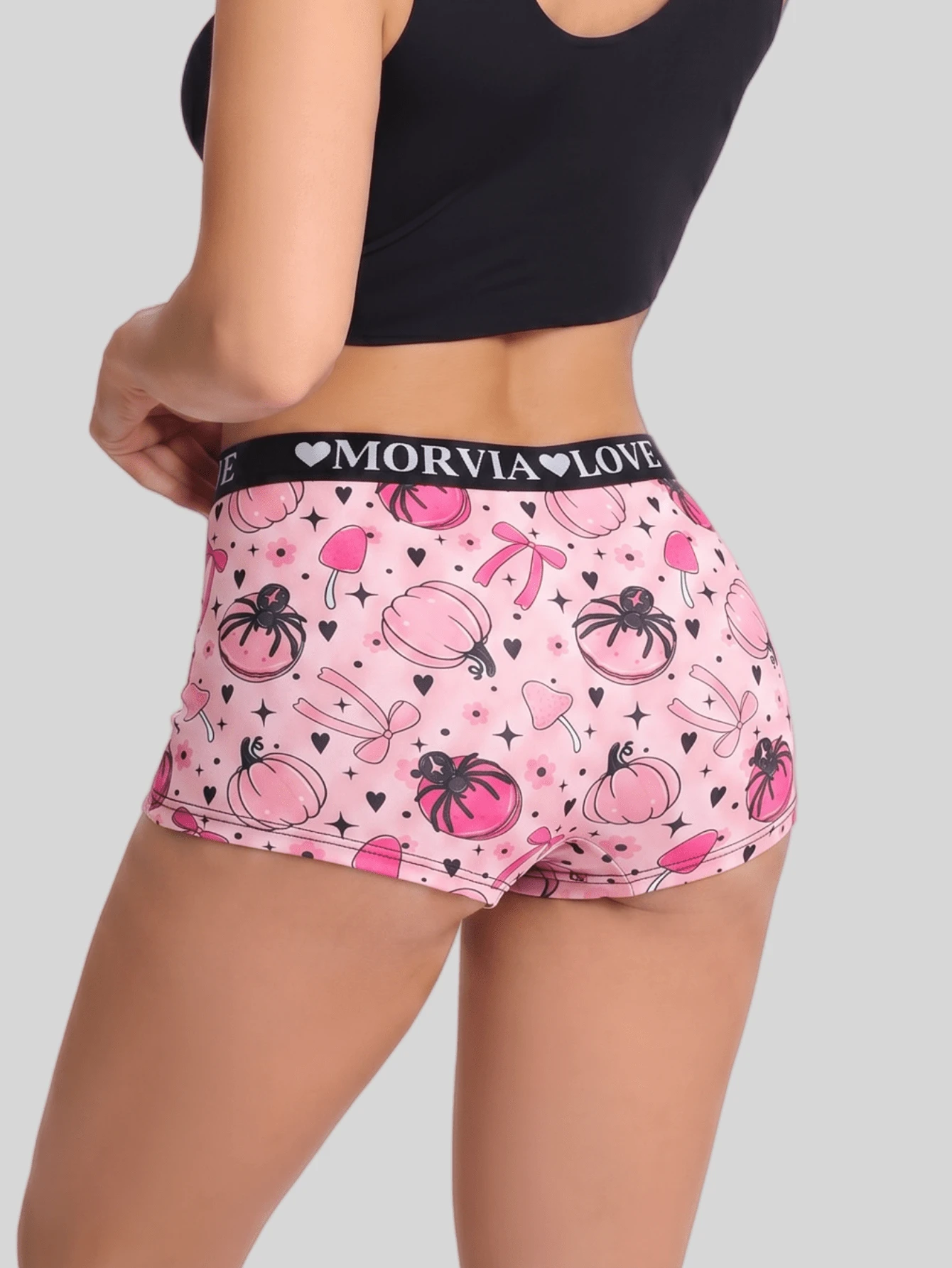 Dircho 1pc Women Pink Pumpkin Spider Bow All Over Print Boyshort Panties, Letter Elastic Waistband, Soft Skin-Friendly Non-Roll Underwear - Multicolor - View 1