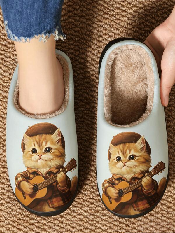 1 Pair Animal Casual Fabric Slippers Cartoon Home Winter Anti-Slip Artistic Guitar Orange Cat Print Slippers