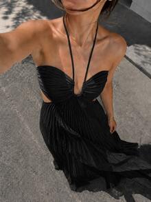 Women's Light Blue Pleated Spaghetti Strap Dress, Ruched Bust Backless Flowy Summer Dress Elegant - Black - View 1