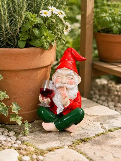 1pc Funny Drinking Gnome Decor, Shushing Gesture Garden Gnome Figurine, Cute Outdoor Yard Lawn Balcony Porch Planter Decoration, Quirky Home Garden Accent, Wine Lover Housewarming Birthday Gift