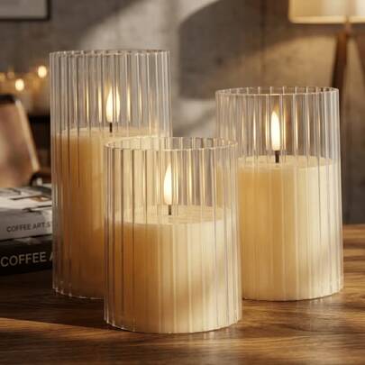 3pcs LED Flameless Candles, Battery Operated Striped Pillar Candle Set, Suitable For Christmas Table Decor, Fireplace, Wedding, Valentine's Day, Holiday Centerpiece Decoration