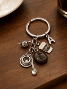 1pc Exquisite Letter Coffee Theme Keychain, Vintage Metal Coffee Bean Teapot Cup Spoon Pendant Key Ring, Casual Creative Commemorative Gift, French Versatile Accessory - Multicolor - View 2