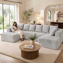 "133" Boneless Couch Sofa Set - U-Shaped 4-Piece Corduroy Couch With Chaise Lounge (Gray) - No Assembly Required, 8 Throw Pillows Included - Oversized Living Room Seating - 灰色 - 查看 1
