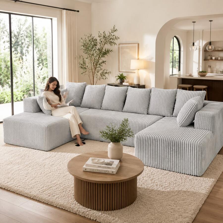 "133" Boneless Couch Sofa Set - U-Shaped 4-Piece Corduroy Couch With Chaise Lounge (Gray) - No Assembly Required, 8 Throw Pillows Included - Oversized Living Room Seating - 灰色 - 查看 1