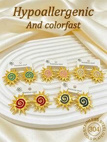 5 pares de pendientes de botón de mujer de moda hipoalergénicos de acero inoxidable 304 con diseño de girasol, pendientes de espiral esmaltados, joyería chapada en oro que no se desvanece - Multicolor - Ver 2