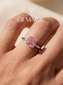 1 buah Cincin Berlian Tunggal Persegi Perak Sterling 925 Perhiasan Wanita Halus untuk Pemakaian Sehari-hari Pilihan Hadiah Ulang Tahun - Cincin Persegi-Berlian Merah Muda - View 3