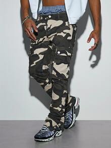 Modcrash Men's Street Wear Camouflage Loose Cargo Pants, Men's Street Retro Straight Tube Large Pocket Cargo Pants, The Design Of Camouflaged - Army Green - View 1