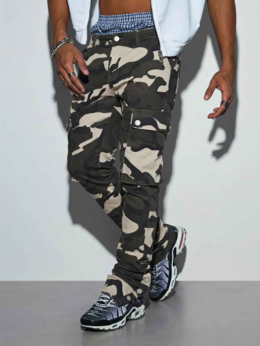 Modcrash Men's Street Wear Camouflage Loose Cargo Pants, Men's Street Retro Straight Tube Large Pocket Cargo Pants, The Design Of Camouflaged - Army Green - View 1