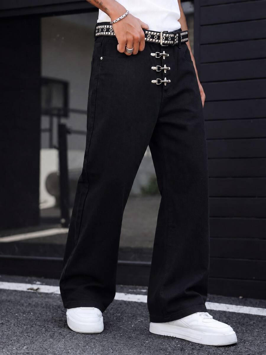 1pc Men's Loose Wide Leg Denim Jeans Street Style Versatile - Black - View 1