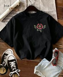 New Summer Short-Sleeve,Women's Semi-Sheer Spider Web & Floral Print T-Shirt Basic Top Suitable For Spring Summer Fall Layering, Casual Attire - 黑色 - 查看 3