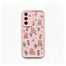 1pc Cute Little Flower & Bear Cartoon Floral Pattern Minimalist Soft Protective Phone Case, Matte Pink Lens Frame With Stepped Design, Full Coverage Anti-Drop, Suitable For Samsung/Galaxy/Honor/Transsion/MOTO - Multicolor - View 7