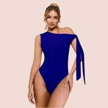 Women's Bodysuit With Tie Bow And Asymmetrical Neckline, Sleeveless, Ideal For Romantic Dates, Casual, Vacation And Summer - 寶藍色 - 查看 6