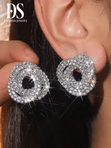 1pair Fashion Wrapped Design Studded Earrings, Fully Rhinestoned Shiny Party Earrings, Women Daily Casual, Business Wear - Silver - View 1