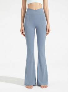 Never me Women's Sports Long Pants With Crossover Waist, Shaping Flared Leg, Seamless Wide Waistband, Hip-Flattering - Sky Blue - View 4