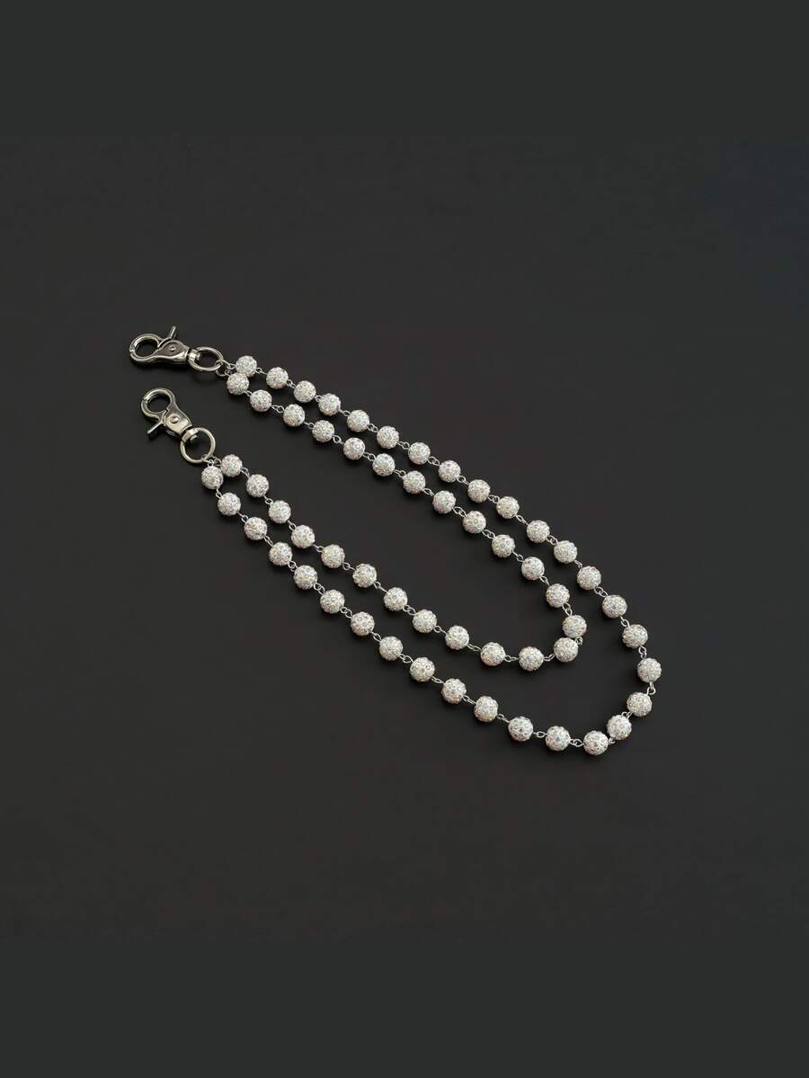 1pc White Rhinestone Ball Double Layer Pants Chain, Shiny Crystal Accessory - White - View 1