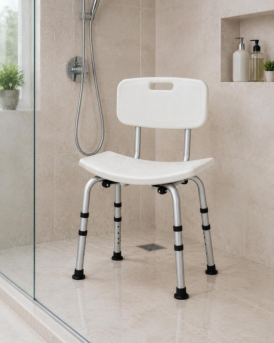 Shower Chair With Backrest, Armless, For Fast Drainage With Glides FOR ADULTS WITH PROBLEMS: Mobility, Post-Operative Care, Posture - View 1