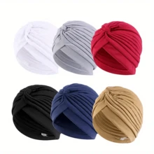 ZTZI 3pcs Multi Color Twist Pleated Turban Hat, Fashionable Instant Styling Headwrap Cap For Everyday & Night Sleep, Solid Color Bohemian Polyester Fiber Turban Cap, All Seasons - FG 6pcs Turban Cap - View 8