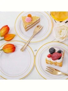 Double Gold Rim Dinner Plates, White Gold Rim Plates, Elegant Dessert Plates, Pasta Plates, Pizza Plates, Cake Plates, Salad Plates, 7.5 Inch/10.25 Inch Size, Reusable And Easy To Clean, Suitable For Weddings, Birthday Parties, Valentine's Day - White - View 3