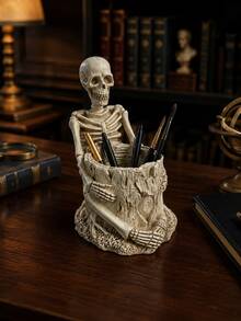 Gothic Skeleton Pen Holder Desk Organizer, Resin Skull Pencil Cup Storage Container, Halloween Horror Decor For Office Home Study Room - New Model - View 7