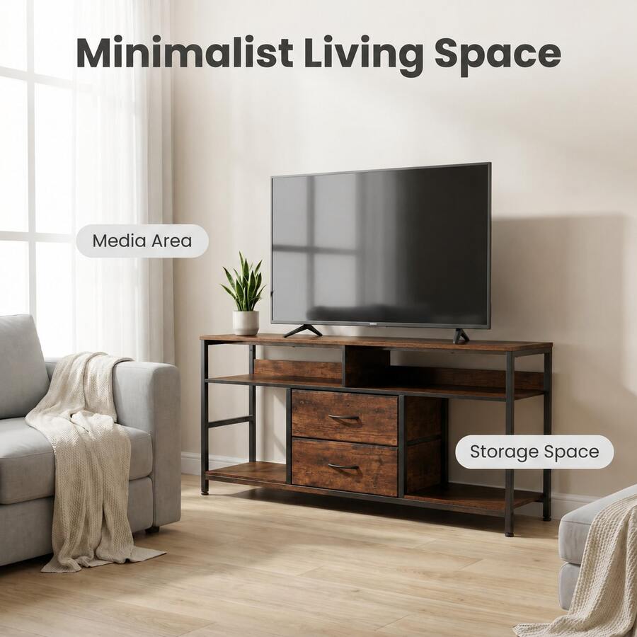 Modern  TV Stand With Storage Drawers, Industrial Entertainment Center Console Table With Open Shelves For Living Room