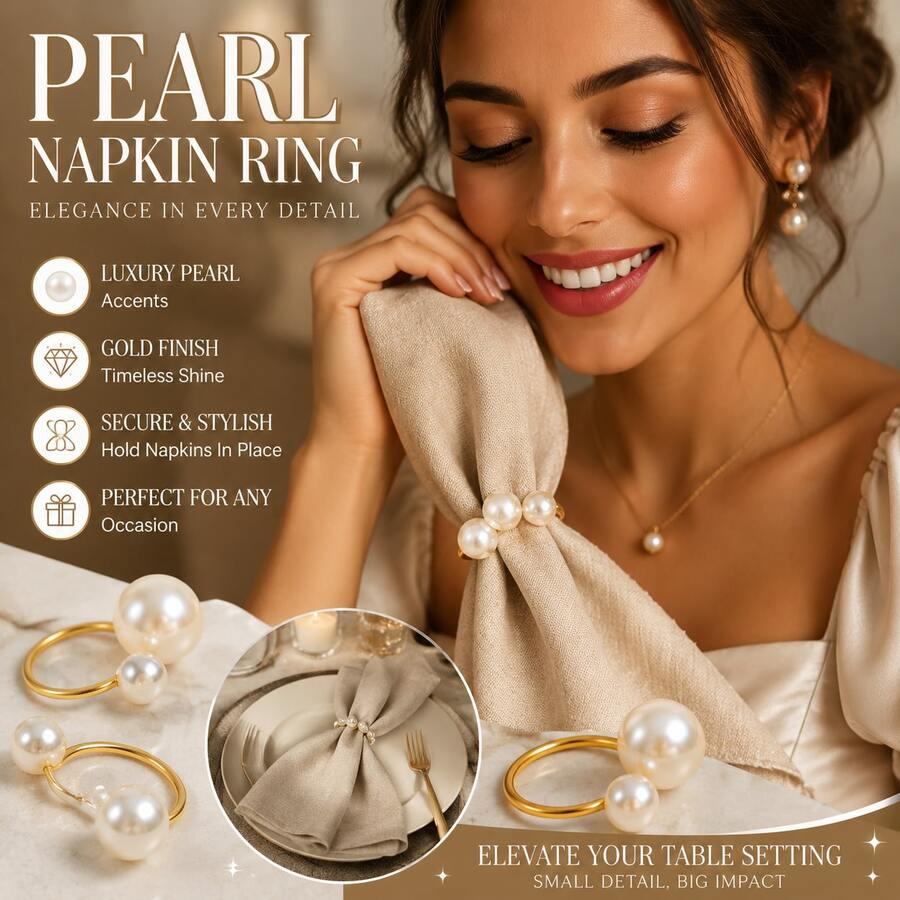 10/12/2450/100pcs Artificial Metal Pearl Napkin Rings, Gold & Silver Napkin Holders, Tabletop Napkin Buckles, Suitable For Wedding Party, Family Dining Table - White - View 1