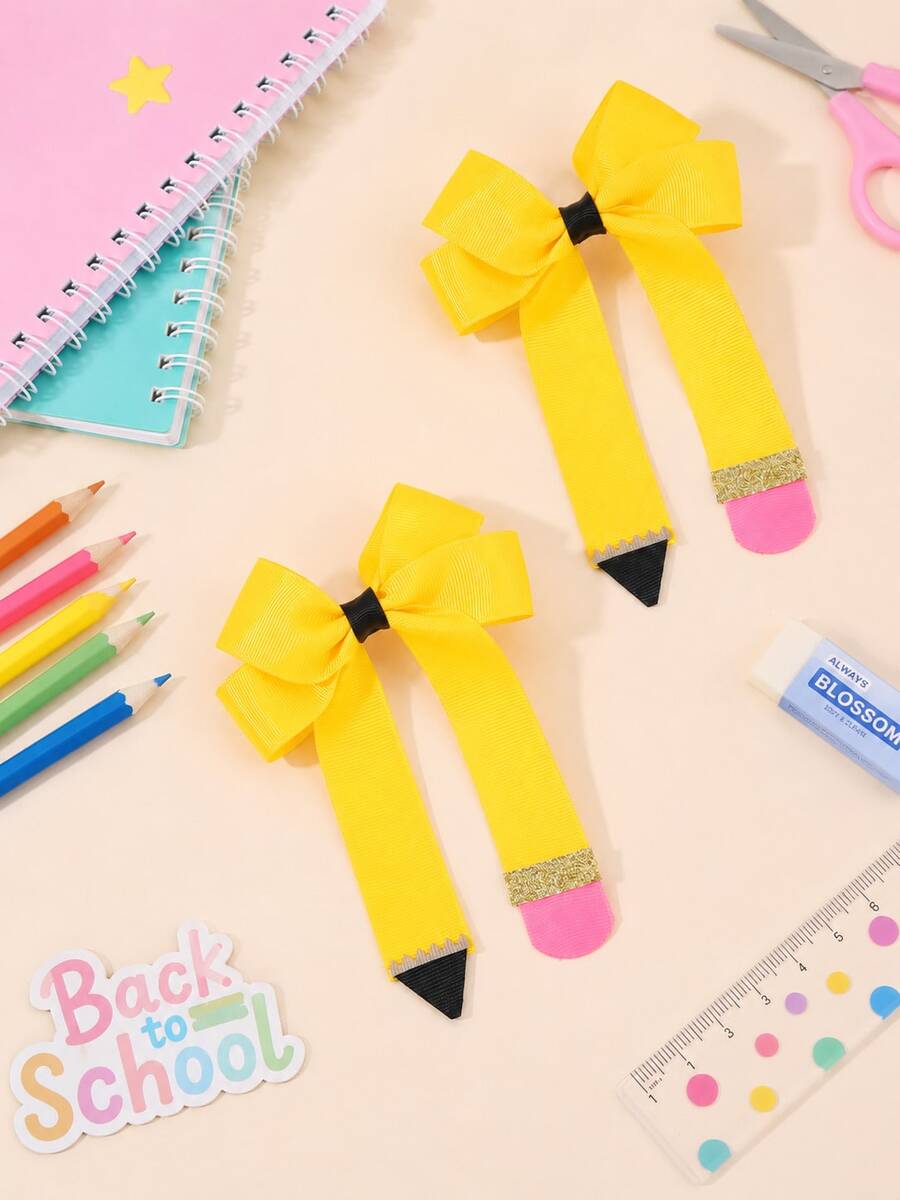 2pcs Solid Yellow Pencil Shape Bow, Glitter Pink Eraser Alligator Hair Clips For Back To School Daily Styling, Sweet Kids Hair Accessories - Yellow - View 1