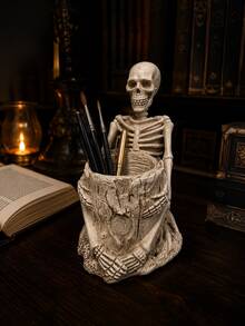 Gothic Skeleton Pen Holder Desk Organizer, Resin Skull Pencil Cup Storage Container, Halloween Horror Decor For Office Home Study Room - New Model - View 8