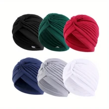 ZTZI 3pcs Multi Color Twist Pleated Turban Hat, Fashionable Instant Styling Headwrap Cap For Everyday & Night Sleep, Solid Color Bohemian Polyester Fiber Turban Cap, All Seasons - FG 6pcs Turban Cap - View 11