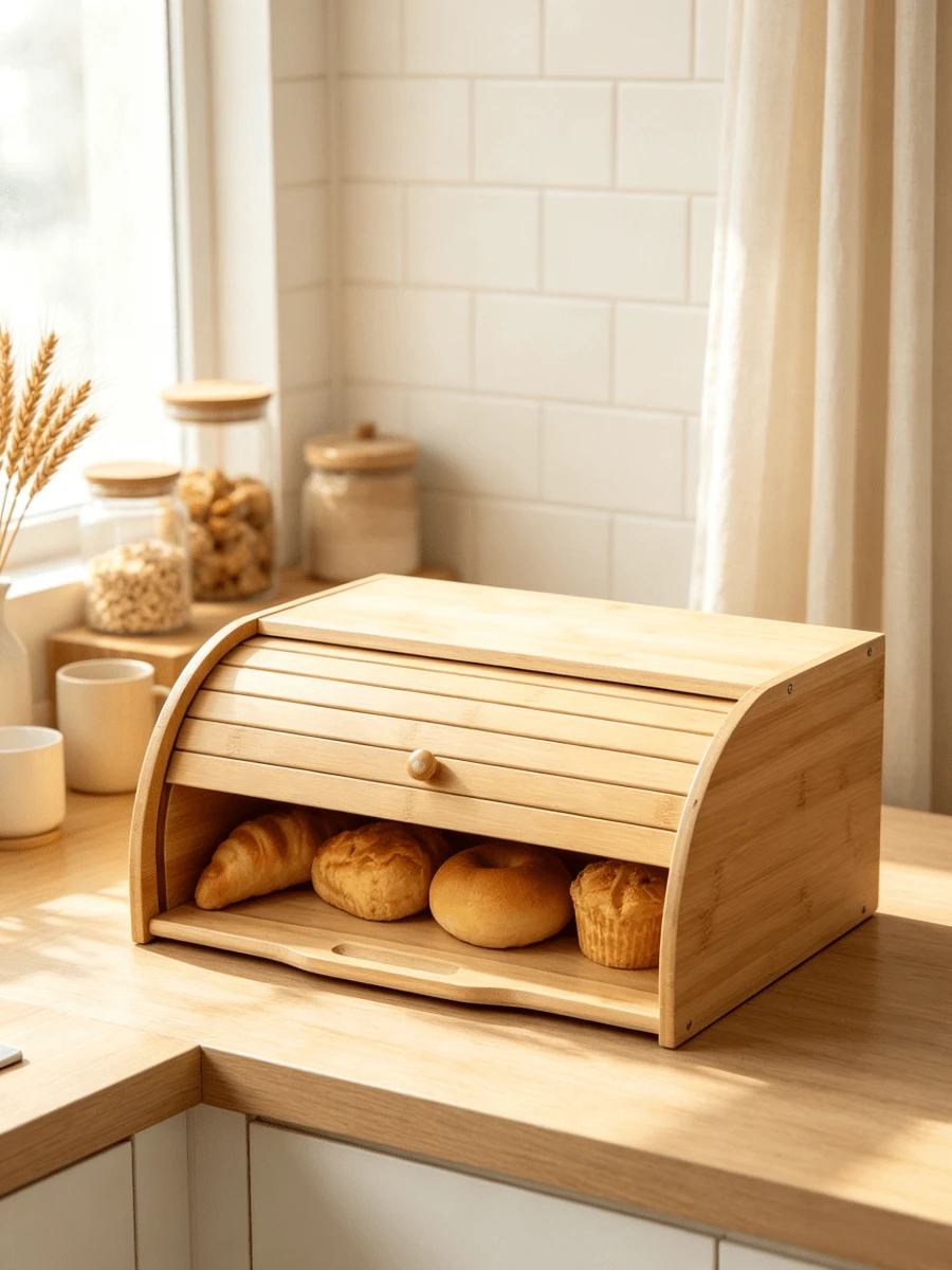 1pc Roll Top Bamboo Bread Box, Large Capacity Dustproof Bread Storage Container, Countertop Bread Keeper With Rolling Lid, Food Storage Bin For Loaves Muffins Pastries Kitchen Counter Organizer - Multiple Specifications - View 1