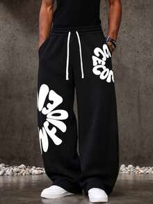 FRACTYR Men's Summer Casual Street Style Letter Pattern Summer Street Style Dark High Street Breathable Loose Printed Trousers, Comfortable And Breath - Black - View 2