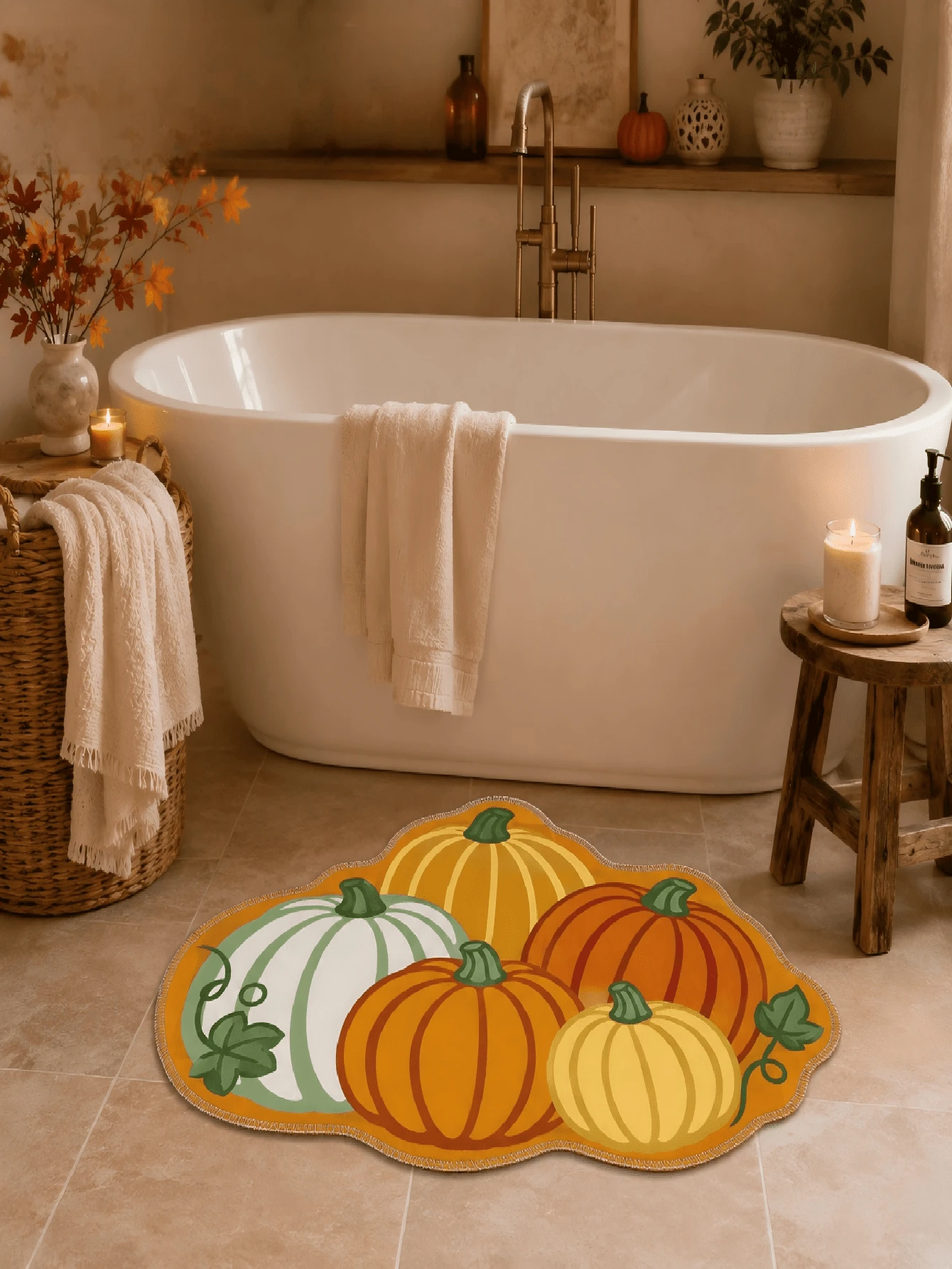 1pc Orange Pumpkin Pile Rug, Velvet Carpet, Suitable For Room Decor, Indoor Doormat, Living Room Rug, Kitchen Mat, Bedroom Carpet, Bathroom Mat, Washable Rug, Home Decor, Bedroom Decor, Anti-Slip Wear-Resistant, Noise-Reducing Sound-Absorbing, Skin-Friendly Soft