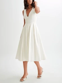 Vuslat Women's Summer Long Minimalist Gentle Vintage Front Button Pleated Maxi Dress, South French Garden Vacation Pure Desire Style Cinched Waist V-Neck White Dress, Suitable For Elegant Party, Office Commute, Garden, Party Gathering, Graduation Ceremony, Wedding Guest Outfit, Holiday, Evening Banquet, Independence Day, Birthday Party, Back To School Season - White - View 7