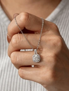 1 pieza Collar con colgante de plata de ley S925 para mujer, colgante de moissanita redonda de 1 quilate, joyería de boda y compromiso, accesorio de joyería adecuado para el uso diario de la mujer - Una pieza - Ver 3