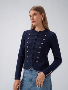 HZXVIC Women's Autumn New Vintage Elegant Gold Double-Breasted Knit Coat Fall - Navy Blue - View 2