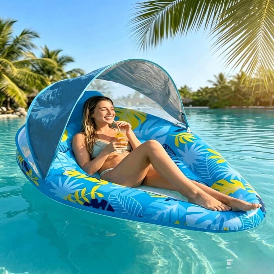 Pelampung Kolam Renang Tiup Baru dengan Kanopi Pelindung Matahari, Kasur Apung Jaring dengan Sandaran Lipat, Motif Daun Tropis, Kursi Jaring Bernapas, Bahan PVC Tebal, Kursi Santai Portabel untuk Liburan Pantai dan Aktivitas Air, Perlengkapan Liburan Penting - Dengan kanopi - View 1