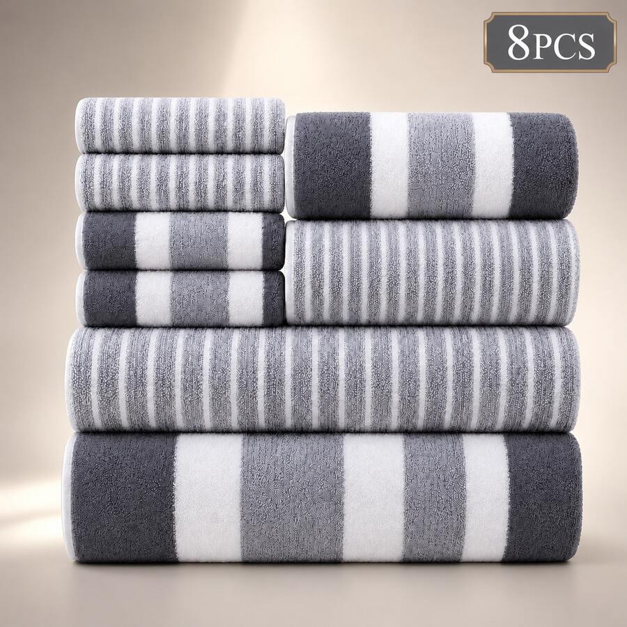 8pcs/1pcs  8pcsLint-Free Super Absorbent Soft Five-Star Hotel Standard Two-Color Striped Spaced Bath Towel Set, Including 2 Large Bath Towels, 2 Medium Bath Towels And 4 Small Bath Towels - Grey - View 1