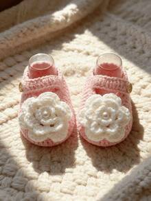 1 Pair Handmade Infant Boots, Green Crochet With White Flower, Button Closure - Baby Pink - View 2