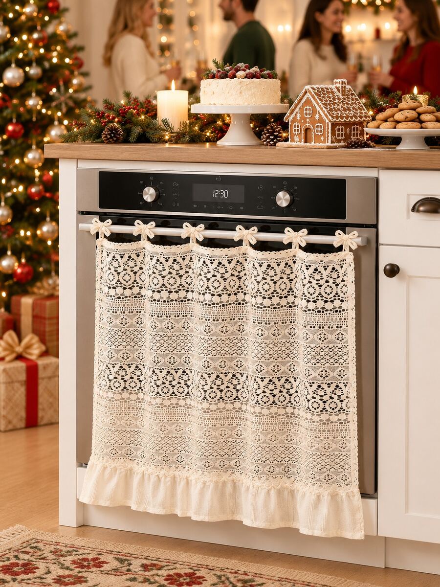 1pc Translucent Thin Lace Half Curtain, Stove Oven Cabinet Cover, Minimalist Cream Style Kitchen Home Decor (Size 76*54cm) - White Lotus Leaf Trim - View 1
