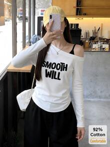 Women's 2-In-1 Asymmetric Cold Shoulder Long Sleeve T-Shirt, Letter Print Slim Fit White Top, Sexy Style For Autumn - White - View 1
