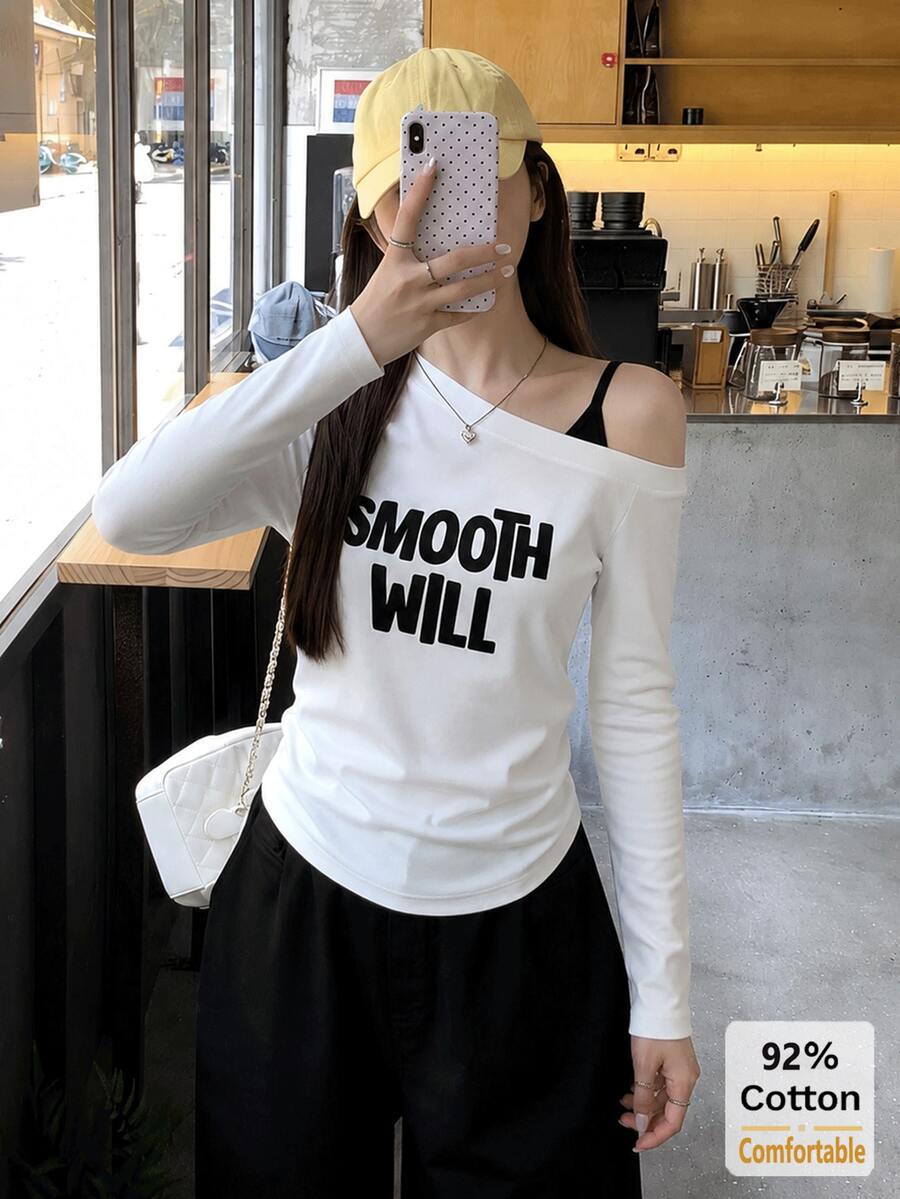 Women's 2-In-1 Asymmetric Cold Shoulder Long Sleeve T-Shirt, Letter Print Slim Fit White Top, Sexy Style For Autumn - White - View 1