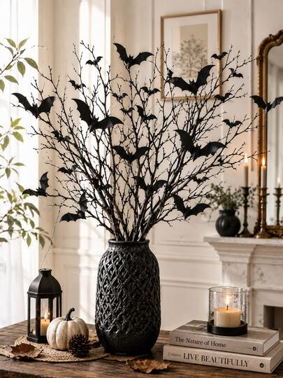 60/12/10/3/1pc Halloween Decorations Set, Black Artificial Curly Willow Branches & 3D Bat Wall Decals, Spooky Table Decor For Haunted House Dinner Party, Gothic Holiday Party Supplies For Home Indoor Outdoor Decor,Halloween,Halloween Decor