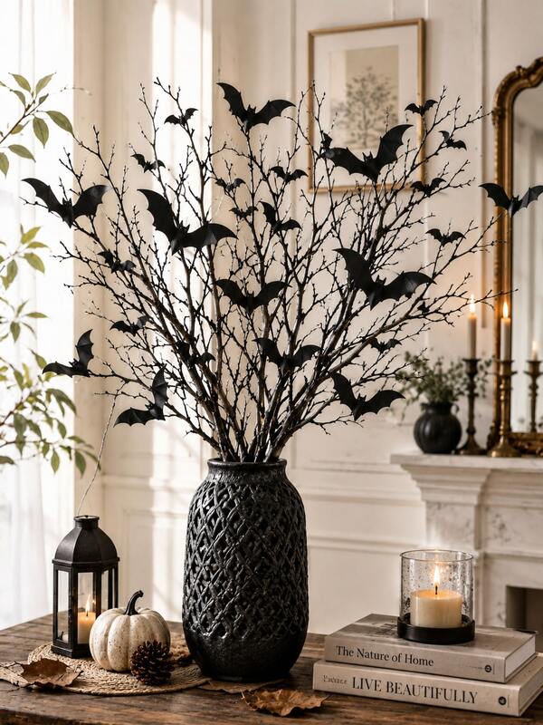 60/12/10/3/1pc Halloween Decorations Set, Black Artificial Curly Willow Branches & 3D Bat Wall Decals, Spooky Table Decor For Haunted House Dinner Party, Gothic Holiday Party Supplies For Home Indoor Outdoor Decor,Halloween,Halloween Decor