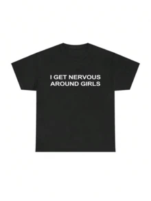 EU Casual i Get Nervous around Girls Camiseta Ajustada, Camiseta con Gráficos Divertidos para Hombres, Camiseta Unisex de Moda Urbana, Camiseta Casual para Regalo, Camiseta para Hombre - Negro - Ver 6