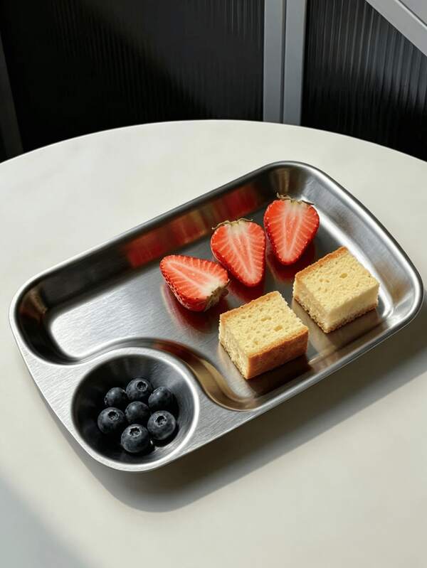 1pc Korean Style Stainless Steel Rectangular Tray, Minimalist BBQ Grill Plate, Fried Chicken Cake Snack Dish, With Oil & Vinegar Dip Bowl, Fruit Bread Dessert Plate, Party Tableware, Guest Serving Plate, Suitable For Home, Restaurant, Cafe, Dessert Shop, Gift, Gathering, Party