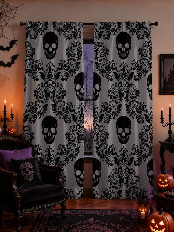 2pcs Semi-Blackout Curtains With Skull Print - Gothic Bohemian Style, Privacy Protection For Living Room, Bedroom, Kitchen, Bar, Dorm, Washable Polyester, Abstract Skull And Floral Pattern, Indoor Window Curtains, 2D Digital Printing Effect