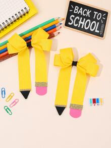 2pcs Solid Yellow Pencil Shape Bow, Glitter Pink Eraser Alligator Hair Clips For Back To School Daily Styling, Sweet Kids Hair Accessories - Yellow - View 4