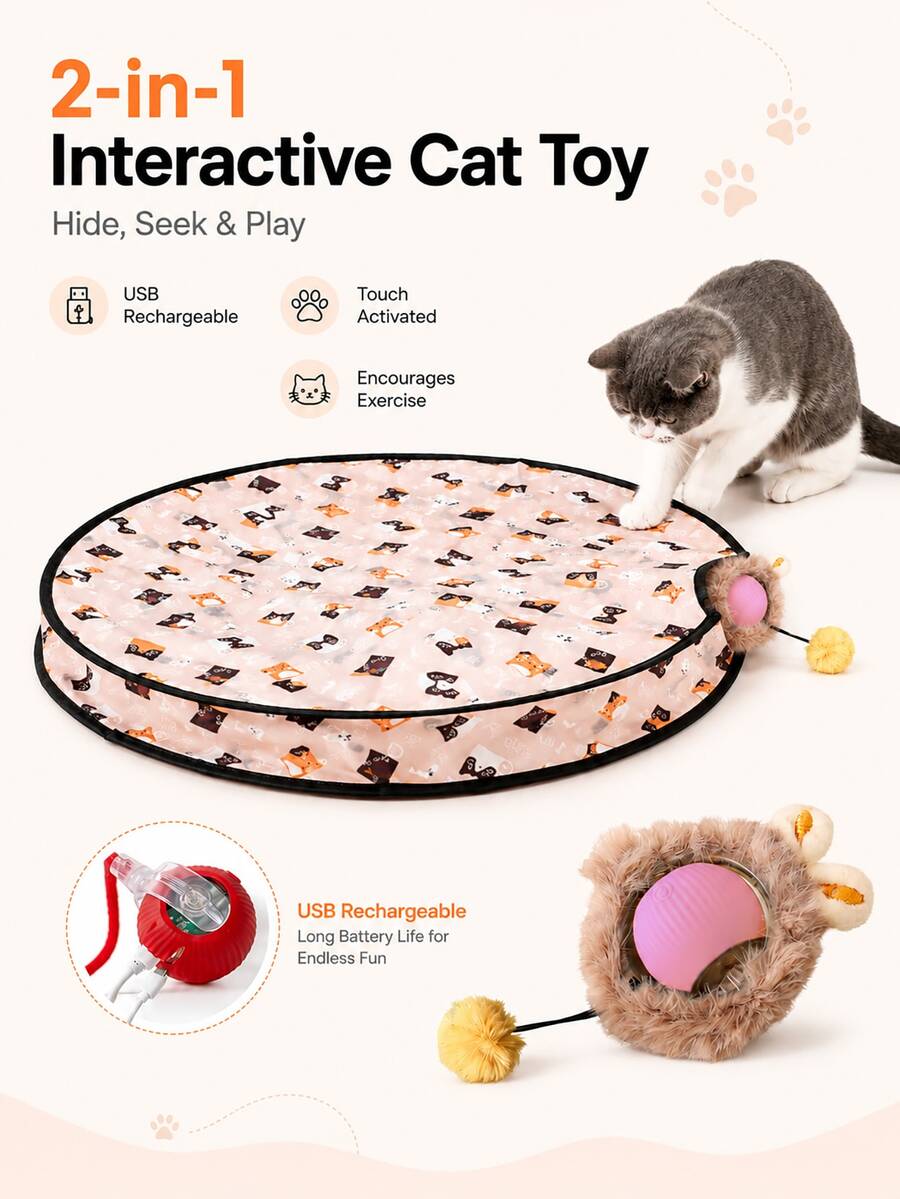 Mainan Kucing Interaktif 2-in-1 dengan Bola Pintar Isi Ulang USB, Alas Bermain Petak Umpet, Bola Bergerak yang Diaktifkan Sentuhan untuk Kucing Dalam Ruangan, Mainan untuk Olahraga dan Penghilang Kebosanan 500mAh